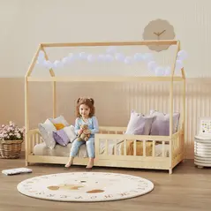 HOMCOM House-Shaped Kids Bed Frame with Guard Rails, Solid Pine Wood Single Bed Frame for Kids Boys and Girls, Natural - 2