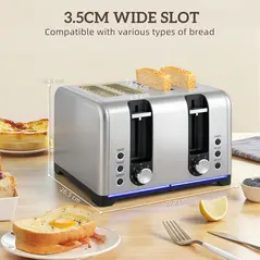 HOMCOM Kettle and Toaster Set, 1.7L 3000W Rapid Boil Jug Kettle with Otter Thermostat, Limescale Filter, 4 Slice Toaster with 7 Browning Controls, Crumb Tray, LED Strip, Silver Tone - 8