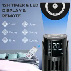 HOMCOM Ice Cooling Tower Fan, Water Conditioner Evaporative Air Cooler Unit with 4 Modes, 3 Speed, Remote Control, Timer, Oscillating for Home Bedroom, Black - 8