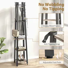 HOMCOM Industrial-Style Four Shelf Coat Stand - Grey/Black - 6