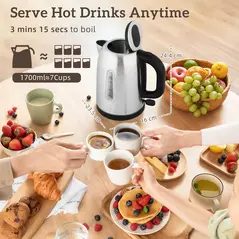 HOMCOM Kettle and Toaster Set, 1.7L 3000W Rapid Boil Jug Kettle with Otter Thermostat, Limescale Filter, 4 Slice Toaster with 7 Browning Controls, Crumb Tray, LED Strip, Silver Tone - 4