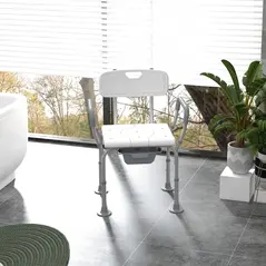 HOMCOM Height Adjustable Shower Stool with Arms and Back, Non-Slip Bedside Commode with Detachable Bucket for Elderly, White - 2