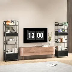 HOMCOM Industrial Style Bookcase, with 4 Shelves and 3 Fabric Drawers - Grey/Black - 8
