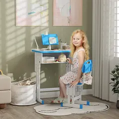 HOMCOM Kids Adjustable Desk and Chair Set, Book Stand, Pen Slot - Blue - 2