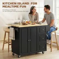 HOMCOM Kitchen Island on Wheels, Rolling Kitchen Storage Trolley with Drop Leaf, Drawers, Towel and Spice Rack, Black - 4