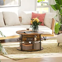 HOMCOM Lift Top Coffee Table, Round Coffee Table with Storage Shelf, Hidden Compartment and Steel Frame for Living Room, Home Office, Brown - 8