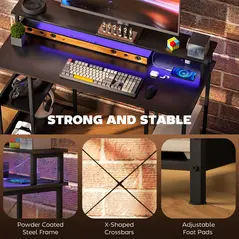 HOMCOM LED Computer Desk, with Power Outlets and Shelves - Carbon Fibre Grey - 9