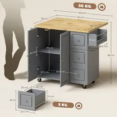 HOMCOM Kitchen Island on Wheels, Rolling Kitchen Storage Trolley with Drop Leaf, Drawers, Towel and Spice Rack, Grey - 3