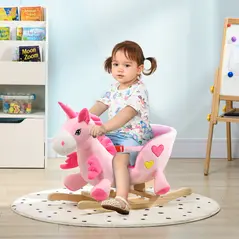HOMCOM Kids Rocking Horse Ride on Unicorn with Songs, Wooden Base, Seatbelt, for Ages 18-36 Months, Pink - 2