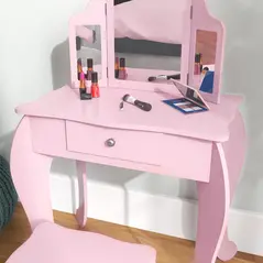 HOMCOM Kids Vanity Table and Chair Set with Tri-Folding Mirror and Stool, Makeup Dressing Table with Drawer, Pink - 6