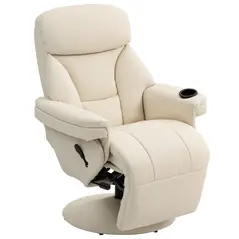 HOMCOM Manual Recliner Chair with Footrest, Upholstered Reclining Armchair with Adjustable Backrest and Cup Holder, PU Leather Swivel Chair for Living Room, Bedroom, Cream White - 1