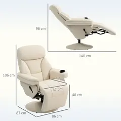 HOMCOM Manual Recliner Chair with Footrest, Upholstered Reclining Armchair with Adjustable Backrest and Cup Holder, PU Leather Swivel Chair for Living Room, Bedroom, Cream White - 3
