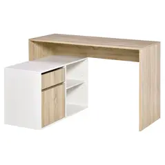 HOMCOM L-Shaped Desk, Corner Computer Desk with Storage Drawer, Adjustable Shelf, Cabinet for Home Office and Study, 120 x 92 x 75cm, Oak and White - 1