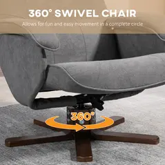 HOMCOM Linen Swivel Recliner Chair with Footstool, Upholstered Reclining Armchair with Wooden Base for Living Room, Grey - 5