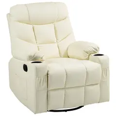 HOMCOM Manual Reclining Chair, Recliner Armchair with Swivel, Faux Leather, Footrest, Cup Holders, 86x93x102cm, Cream - 1