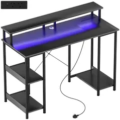 HOMCOM LED Computer Desk, with Power Outlets and Shelves - Carbon Fibre Grey - 1