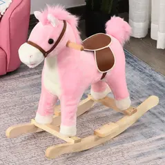 HOMCOM Kids Plush Rocking Horse w/ Sound Moving Mouth Wagging Tail Children Rocker Ride On Toy Gift 3-6 Years Pink - 2