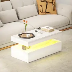 HOMCOM LED Coffee Table with Storage - High Gloss White - 7