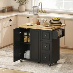 HOMCOM Kitchen Island on Wheels, Rolling Kitchen Storage Trolley with Drop Leaf, Drawers, Towel and Spice Rack, Black - 2