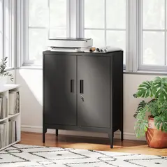HOMCOM Metal Storage Cabinet with Lock and Adjustable Shelves - Black - 2