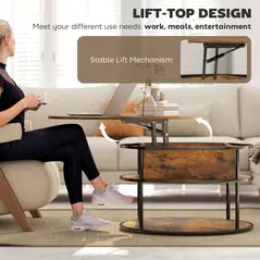 HOMCOM Lift Top Coffee Table, Round Coffee Table with Storage Shelf, Hidden Compartment and Steel Frame for Living Room, Home Office, Brown - 4