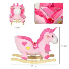 HOMCOM Kids Rocking Horse Ride on Unicorn with Songs, Wooden Base, Seatbelt, for Ages 18-36 Months, Pink - 3