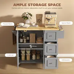 HOMCOM Kitchen Island on Wheels, Rolling Kitchen Storage Trolley with Drop Leaf, Drawers, Towel and Spice Rack, Grey - 5