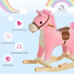 HOMCOM Kids Plush Rocking Horse w/ Sound Moving Mouth Wagging Tail Children Rocker Ride On Toy Gift 3-6 Years Pink - 5