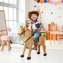 HOMCOM Kids Ride On Standing Horse Cuddly Toy Children Plush Soft Pony Gift w/ Neigh Sound or 2 Years and Up Beige - 2