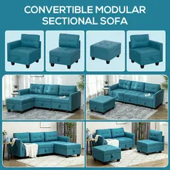 HOMCOM 'L' Shape Modular Sofa, with Storage - Light Blue - 4