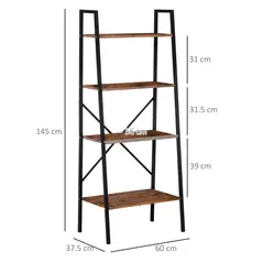 HOMCOM Ladder Shelf, Bookshelf, 4-Tier Industrial Storage Rack for Living Room, Bedroom, Kitchen, Rustic Brown and Black - 3