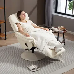 HOMCOM Manual Recliner Chair with Footrest, Upholstered Reclining Armchair with Adjustable Backrest and Cup Holder, PU Leather Swivel Chair for Living Room, Bedroom, Cream White - 7