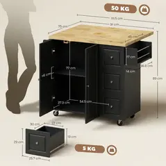 HOMCOM Kitchen Island on Wheels, Rolling Kitchen Storage Trolley with Drop Leaf, Drawers, Towel and Spice Rack, Black - 3