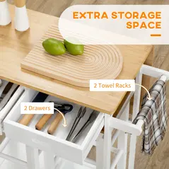 HOMCOM Kitchen Island Set with 2 Stools, Bamboo Breakfast Cart with Drop Leaf Top, Drawers and Towel Rack, Rolling Kitchen Cart and Chairs Set, White - 6