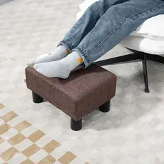 HOMCOM Linen Fabric Footstool Ottoman Cube with 4 Plastic Legs, Brown - 6