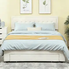 HOMCOM King Size Ottoman Bed Frame, with Front Drawer - Cream - 2
