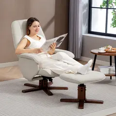 HOMCOM Linen Swivel Recliner Chair with Footstool, Upholstered Reclining Armchair with Wooden Base for Living Room, Beige - 2