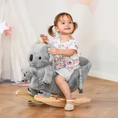 HOMCOM Kids Toddler Rocking Horse Plush Ride On Koala Rocker Wooden Base Seat Safety Belt w/ Gloved Doll Toy for 18-36 Months Grey - 2