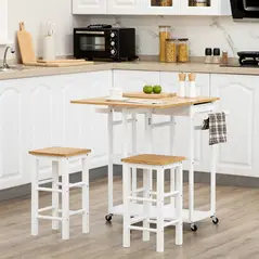HOMCOM Kitchen Island Set with 2 Stools, Bamboo Breakfast Cart with Drop Leaf Top, Drawers and Towel Rack, Rolling Kitchen Cart and Chairs Set, White - 2