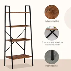 HOMCOM Ladder Shelf, Bookshelf, 4-Tier Industrial Storage Rack for Living Room, Bedroom, Kitchen, Rustic Brown and Black - 5