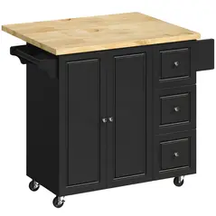 HOMCOM Kitchen Island on Wheels, Rolling Kitchen Storage Trolley with Drop Leaf, Drawers, Towel and Spice Rack, Black - 1