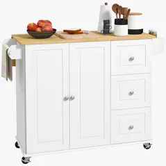 HOMCOM Kitchen Island with Drop Leaf, Rolling Kitchen Storage Trolley on Wheels with 3 Drawers, Spice Rack and Towel Rack, Storage Cart with Rubber Wood Top, White - 1