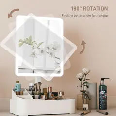 HOMCOM Makeup Mirror with Lights, Rechargeable Vanity Mirror w/ Touch Screen, 2 Lighting Modes and 180° Rotation, White - 7