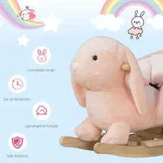 HOMCOM Kids Rocking Rabbit, Plush Rocking Horse Ride-On w/ Sound, Wood Base, Seatbelt, for Ages 18-36 Months, Pink - 6
