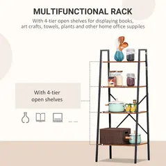 HOMCOM Ladder Shelf, Bookshelf, 4-Tier Industrial Storage Rack for Living Room, Bedroom, Kitchen, Rustic Brown and Black - 4