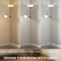 HOMCOM LED Floor Lamp for Living Room, 180cm Tall Standing Lamp, Mother and Child Uplighter with Adjustable Gooseneck, 3000K/4500K/6500K Colour Temperatures, Silver Tone - 4