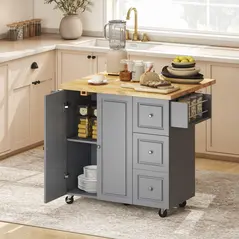 HOMCOM Kitchen Island on Wheels, Rolling Kitchen Storage Trolley with Drop Leaf, Drawers, Towel and Spice Rack, Grey - 2
