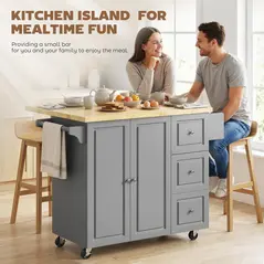 HOMCOM Kitchen Island on Wheels, Rolling Kitchen Storage Trolley with Drop Leaf, Drawers, Towel and Spice Rack, Grey - 4