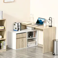 HOMCOM L-Shaped Desk, Corner Computer Desk with Storage Drawer, Adjustable Shelf, Cabinet for Home Office and Study, 120 x 92 x 75cm, Oak and White - 2