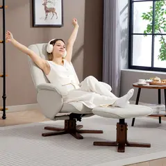 HOMCOM Linen Swivel Recliner Chair with Footstool, Upholstered Reclining Armchair with Wooden Base for Living Room, Beige - 9